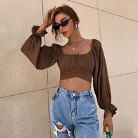 fashion spring summer vintage women blouse sexy long sleeve shirt female casual slim crop tops solid leaky back bandage