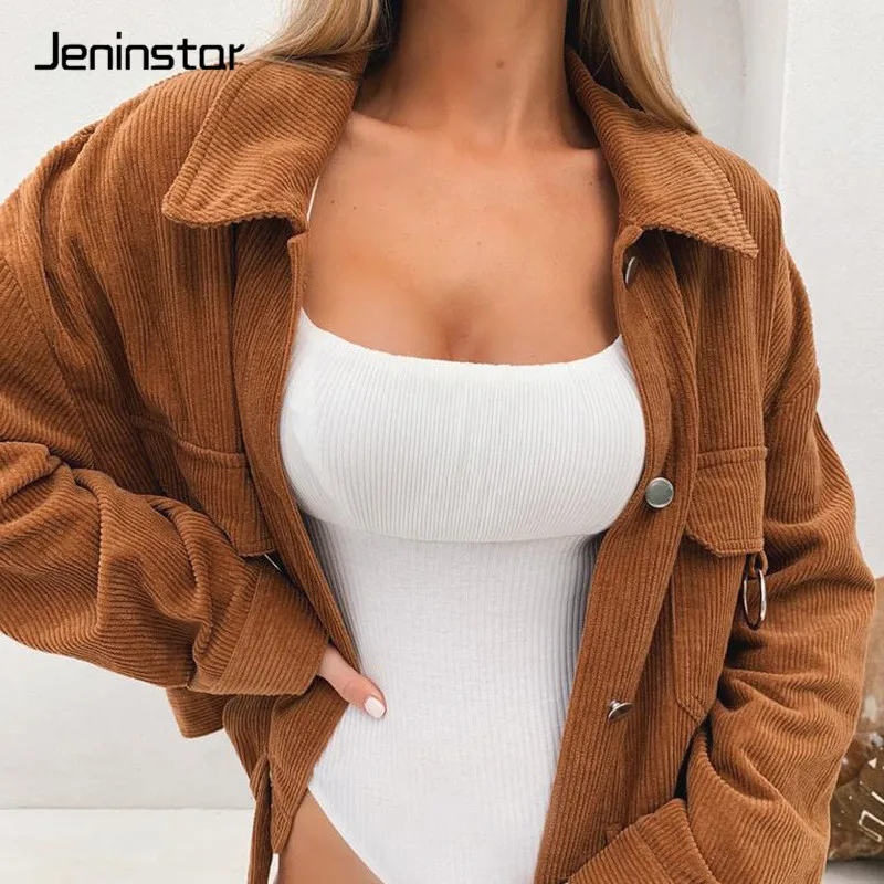Jeninstar Осенняя Вельветовая куртка с отложным воротником для женщин однобортные