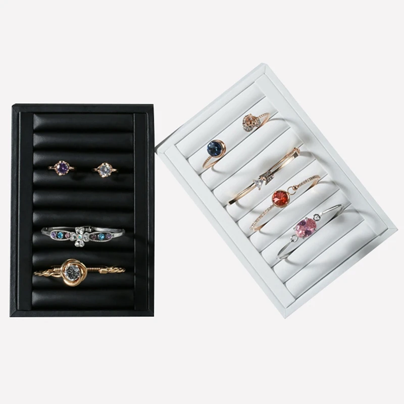 

2Pcs Elastic PU Leather Bracelet Ring Tray Jewelry Display Tray Jewelry Display Stand Bracelet Insert Tray-Black & White