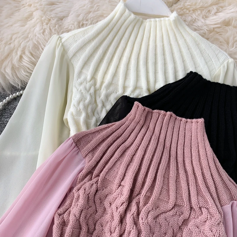 ALPHALMODA осень-зима модный свитер со жгутами фонарь длинный рукав шифон пэчворк повседневные женские пуловеры вязаный джемпер