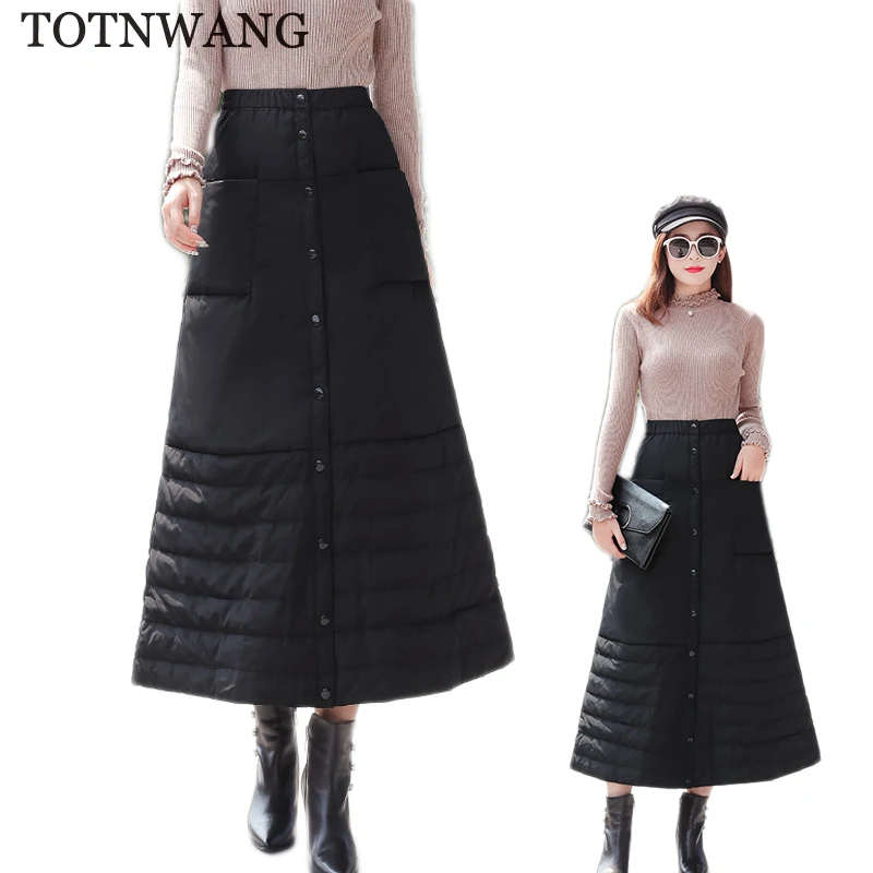 TOTNWANG зимние женские черные юбки плюс размера повседневные теплые длинные с