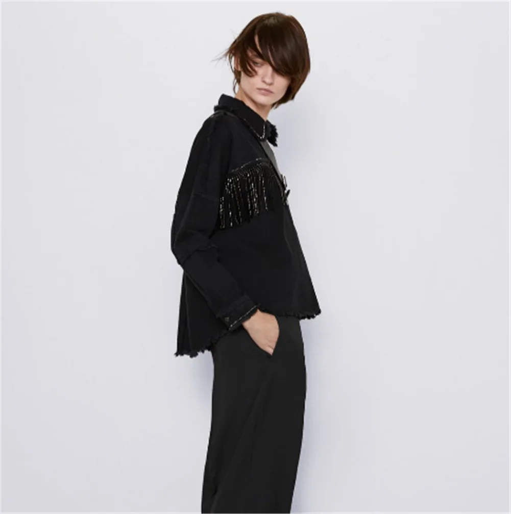 Женская джинсовая куртка ZA армейская зеленая оверсайз с бахромой и заклепками