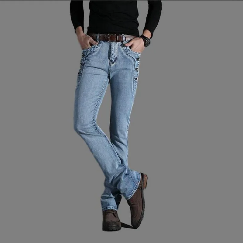 Men Jeans Small Flared Jeans Stretch Slim Male Flared Denim Pants Side Button Decoration Jeans