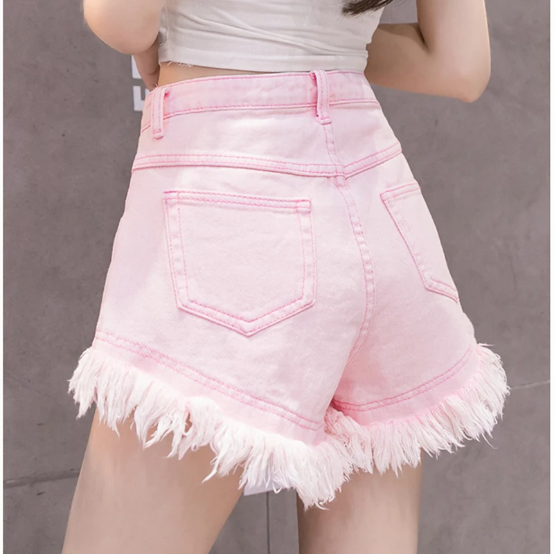 Women's Denim Shorts 2023 Summer Vintage Tassel Washed High Waist A-Line Wide Leg Ladies Hot Short Jeans Female Streetwear