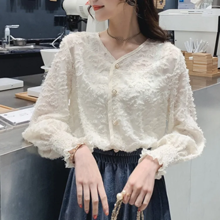 

Women's Lace Shirts Sweet Summer Casual Blouse Long Sleeve V-neck Elegant Ladies Shirt Bl02