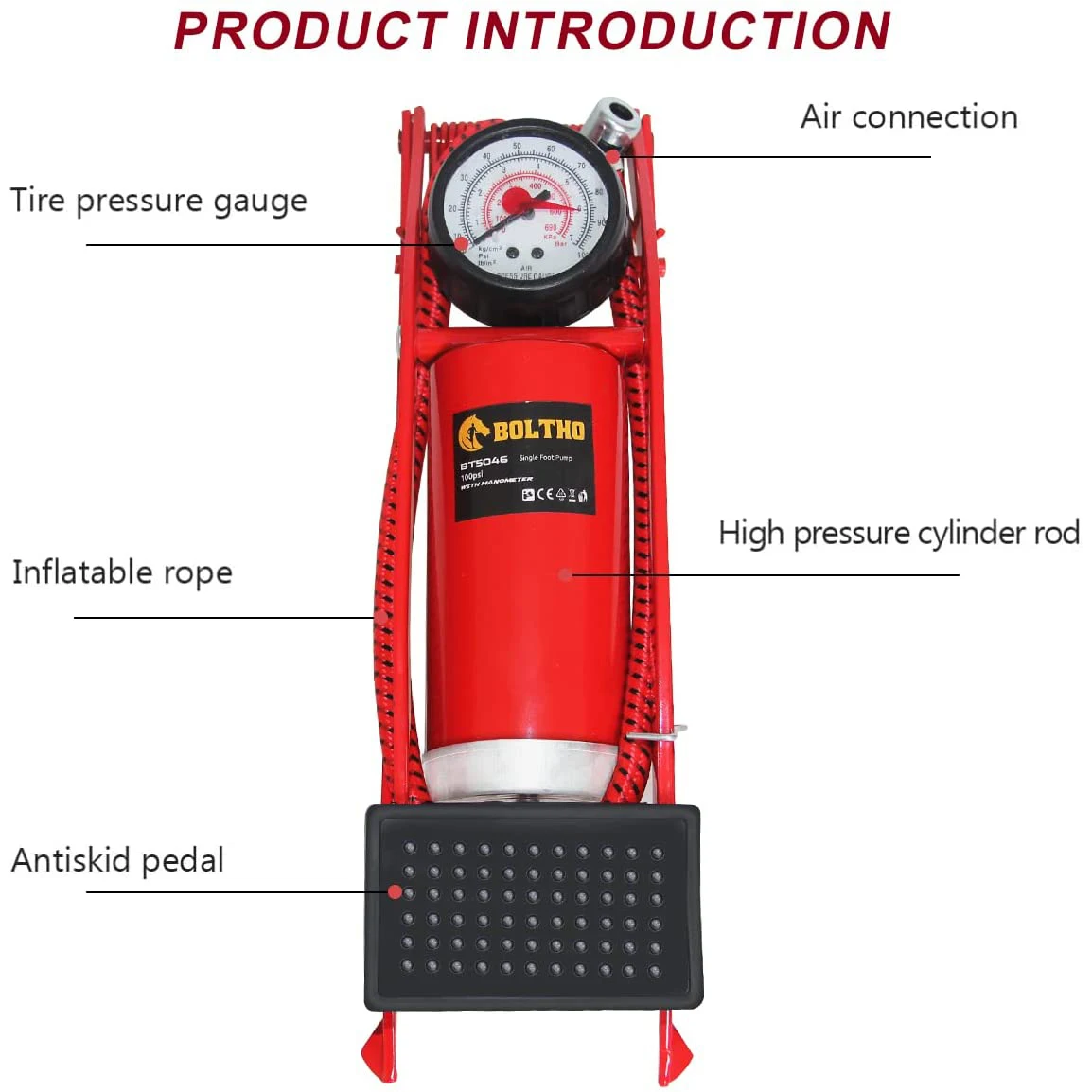 Насос воздушный напольный BOLTHO портативный одноцилиндровый с точным манометром и