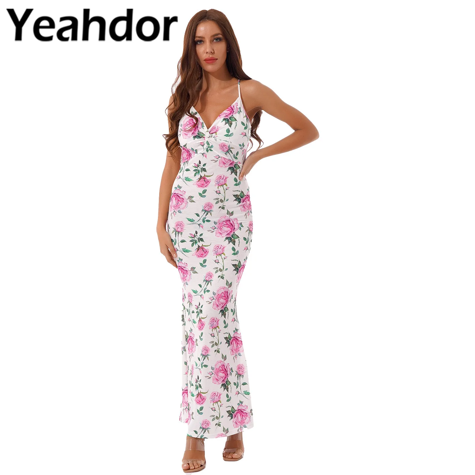 

Sexy Women Floral Printed Mermaid Dress V Neck Halter Backless Maxi Long Dress Woman's Flower Dress Evening Gown Abendkleider