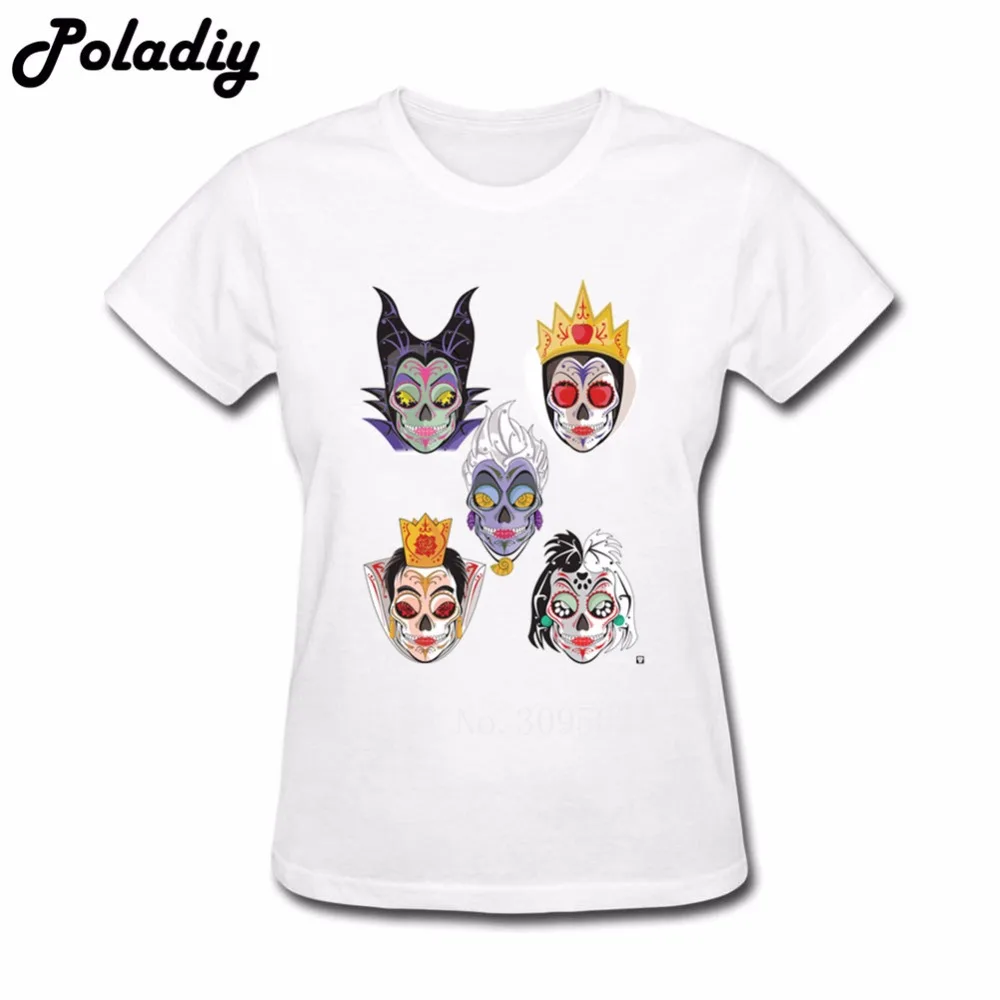 Женская футболка из 100% хлопка футболки с 5 злодейками сахарными черепами для