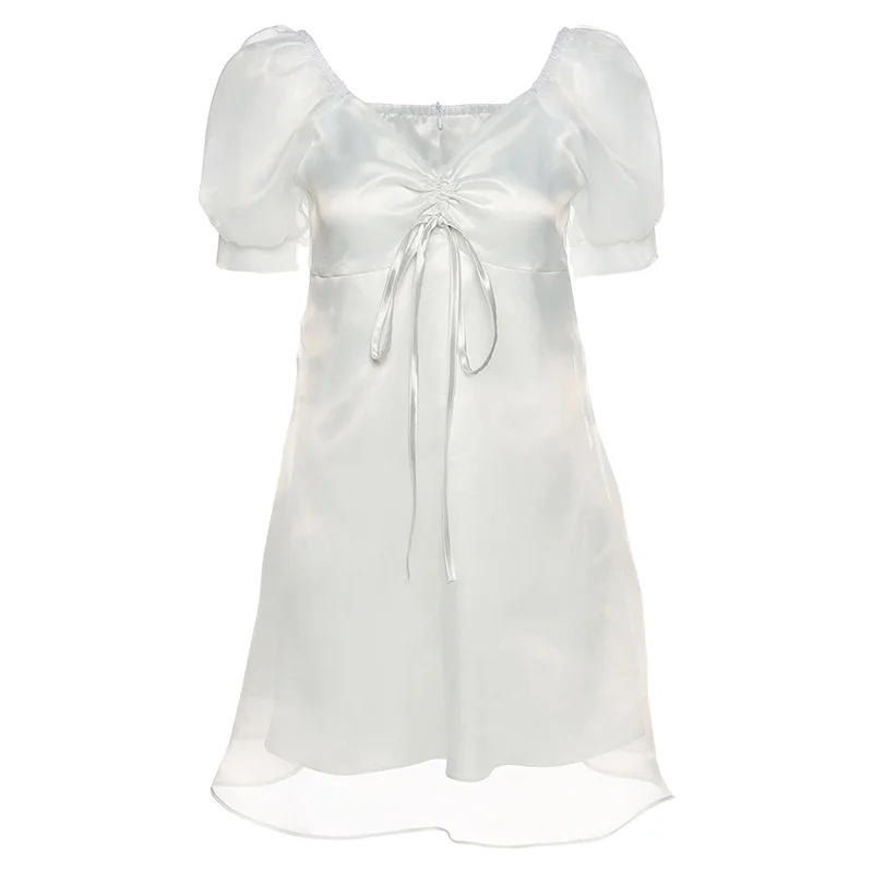 

DUAYR Summer Women's Dress 2021 Fashion Bubble Sleeve Low Chest V-neck Dresses Casual Mesh Sexy Elegant Female Mini Dress