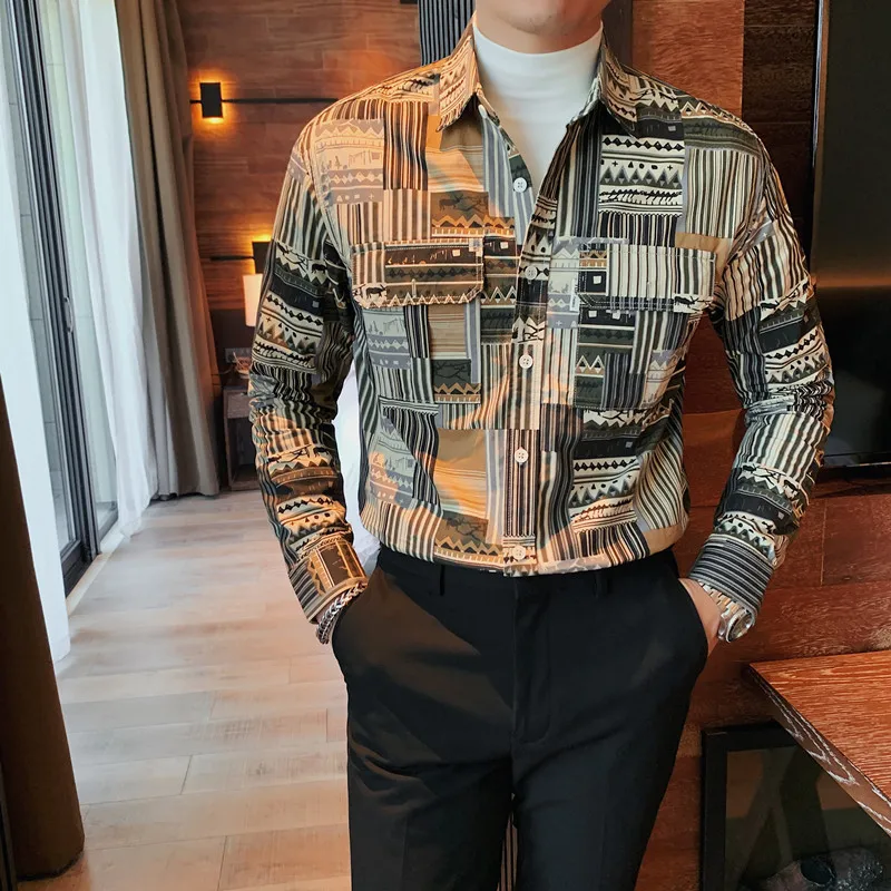 

2021 брендовая одежда, роскошная Высококачественная модная мужская Повседневная рубашка с длинным рукавом и принтом, Мужская Облегающая руб...