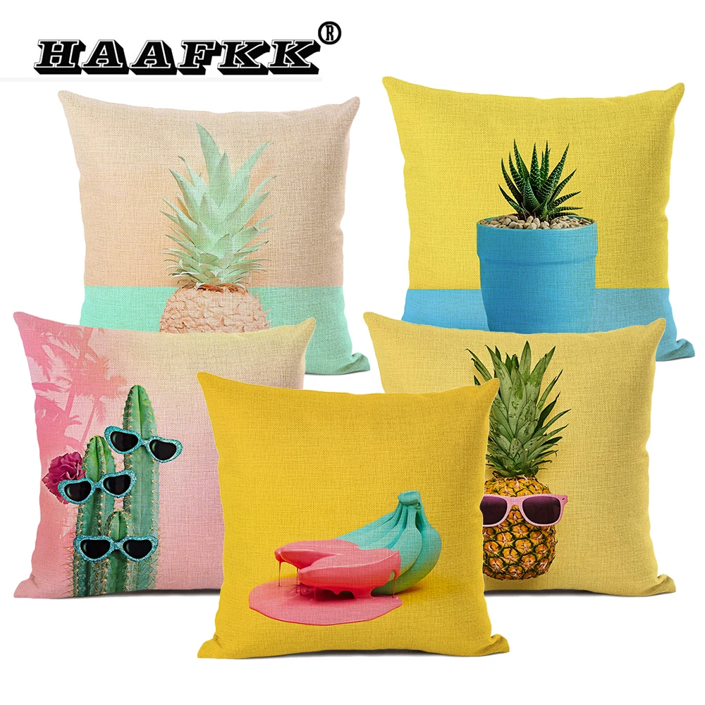 

Tropical Plant Cushion Cover Cactus Pineapple Pattern Bedroom Sofa Modern Art Decorative Pillow 45x45cm Linen
