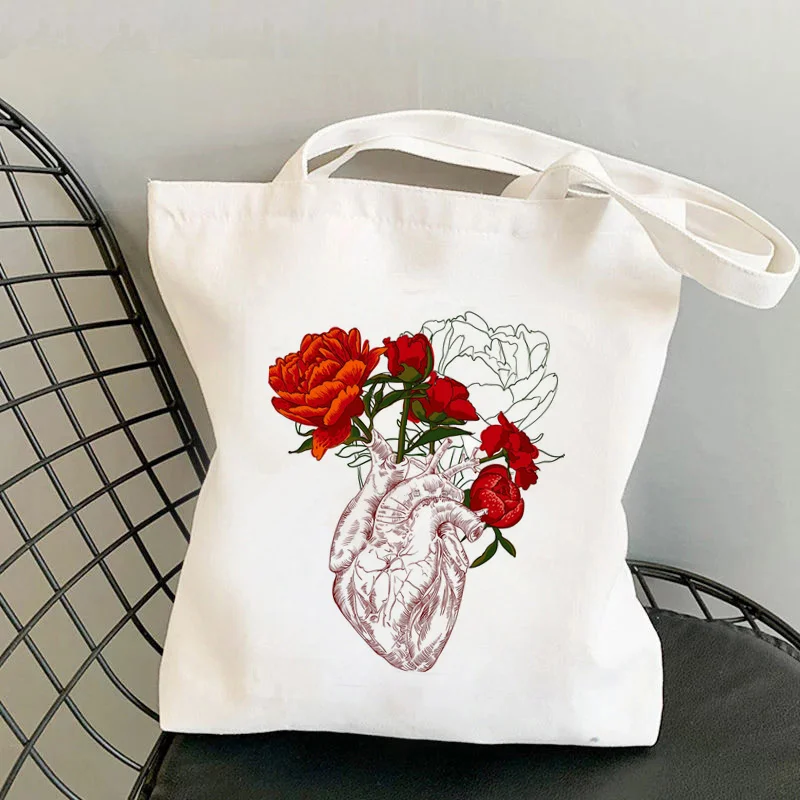 

Shopper Human heart with flowers Printed Tote Bag women Harajuku shopper handbag girl Shoulder shopping bag Lady Canvas Bag