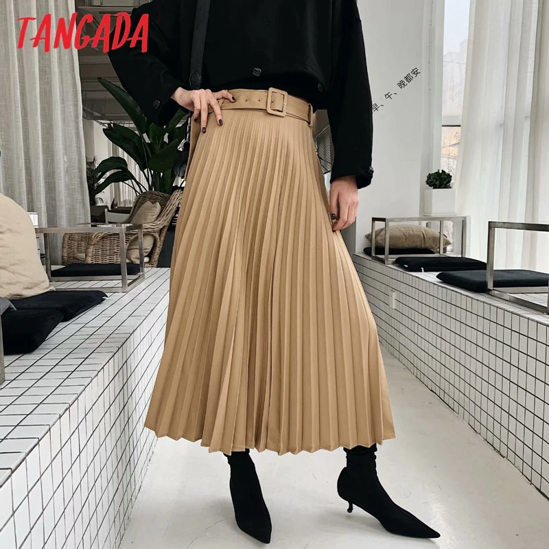 Tangada, Женская плиссированная юбка средней длины цвета хаки, винтажная, с поясом, однотонная, для женщин, для офиса, для девушек, для работы, шикарные юбки до середины икры 6A306