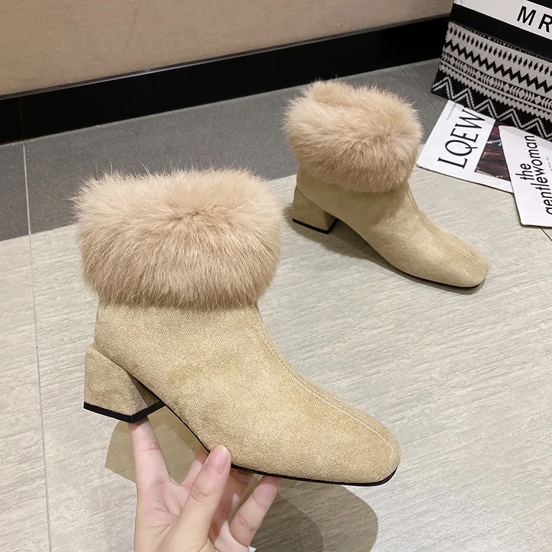 

Square boots women's winter new versatile fashion fur mouth plus cotton women's boots Plush warm women's shoes Leather boots