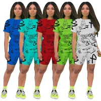 2020 summer new suit european and american womens casual printed letter t shirt shorts two piece set