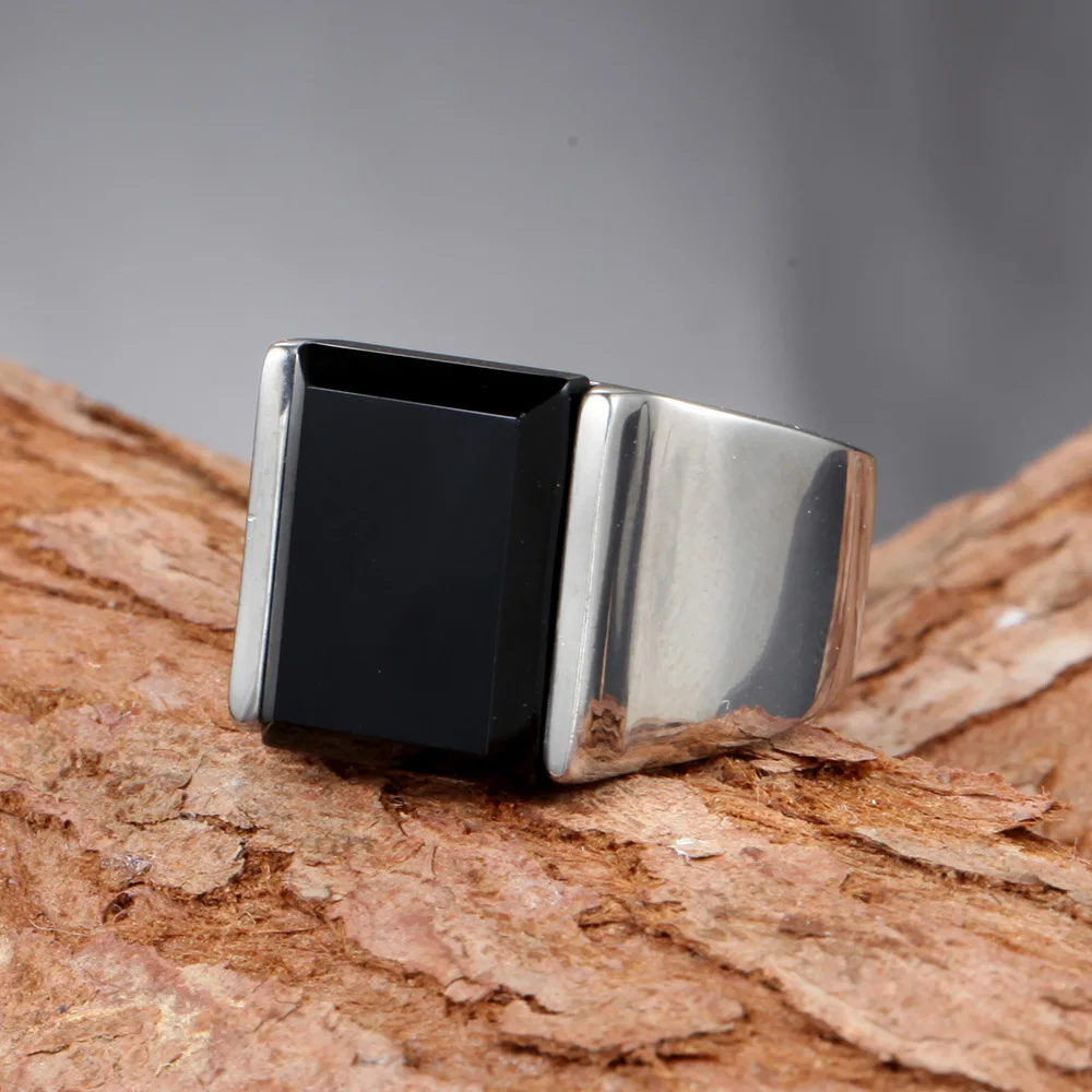

Retro Punk Gothic Black Gems Geometric Square Titanium Steel Ring, Fashion Simple Accessories Party Gift