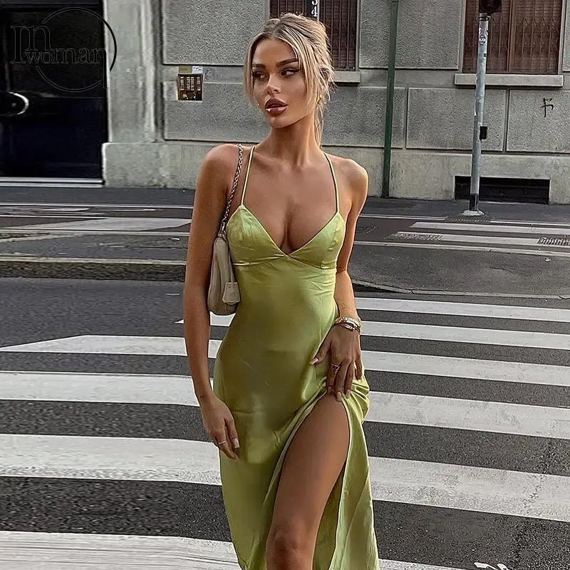 

Inwoman Fall Winter Spaghetti Strap Wrap White Dresses Women 2021 Backless Sexy Party Midi Dress Ladies Club Brown Bodycon Dress