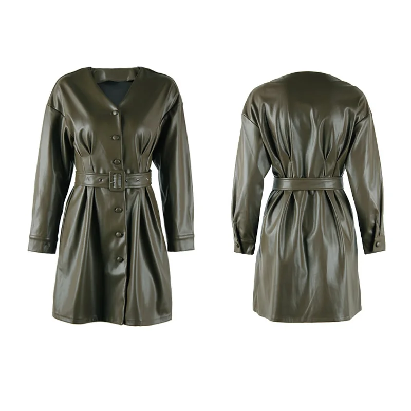 

2021 Spring New Long-Sleeved Solid Color Sexy V-Neck Single-Breasted Belt High Waist Pu Leather Mini Dress