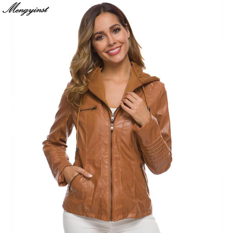 

Куртка женская кожаная со съемным капюшоном, из ПУ кожи, 7XL