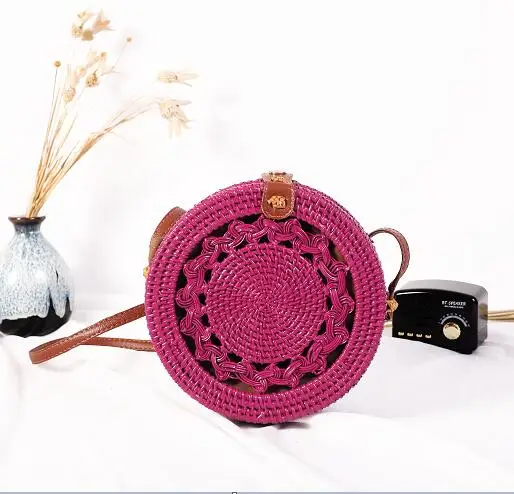 loukongred20x8cm Плетеная Сумка из ротанга, круглая соломенная сумка на плечо, маленькие пляжные сумки, женские летние полые сумки ручной работы, сумки через плечо - Цвет: loukongred20x8cm