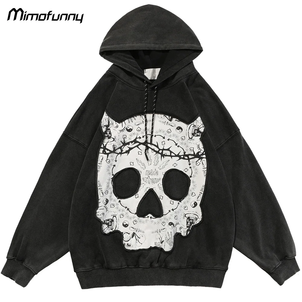 

Hoodie Sweatshirt Men Punk Style Skull Patch Distressed Pullover Autumn Baggy Hooded Vintage Rock Hipster High Street Streetwear