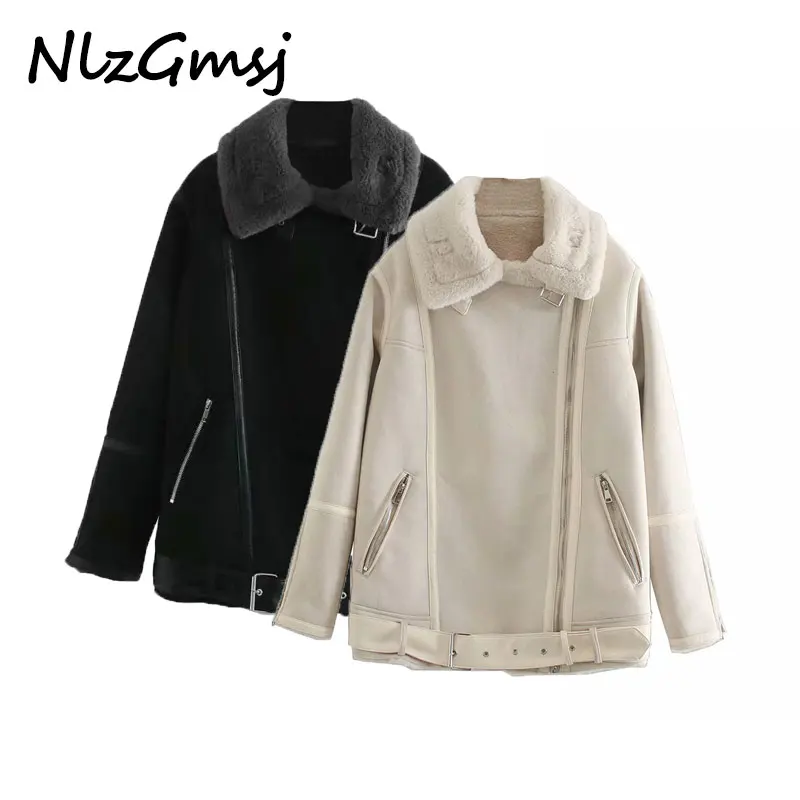 

Nlzgmsj Za Women 2020 winter fur faux leather jacket coat with belt oversized female Thick Warm Oversized Overcoat