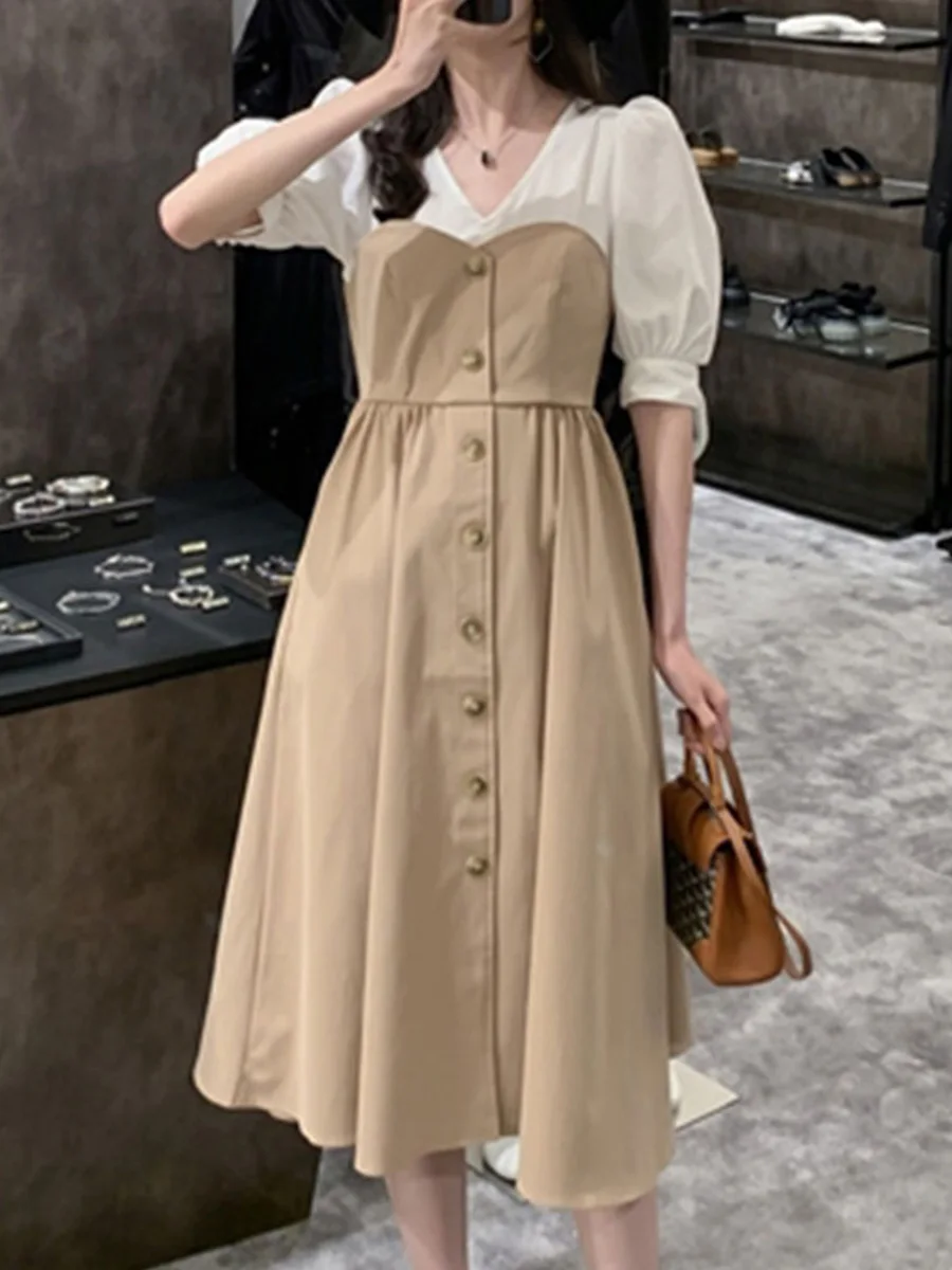 Женское платье из двух частей с пышными рукавами летние длинные корейские платья