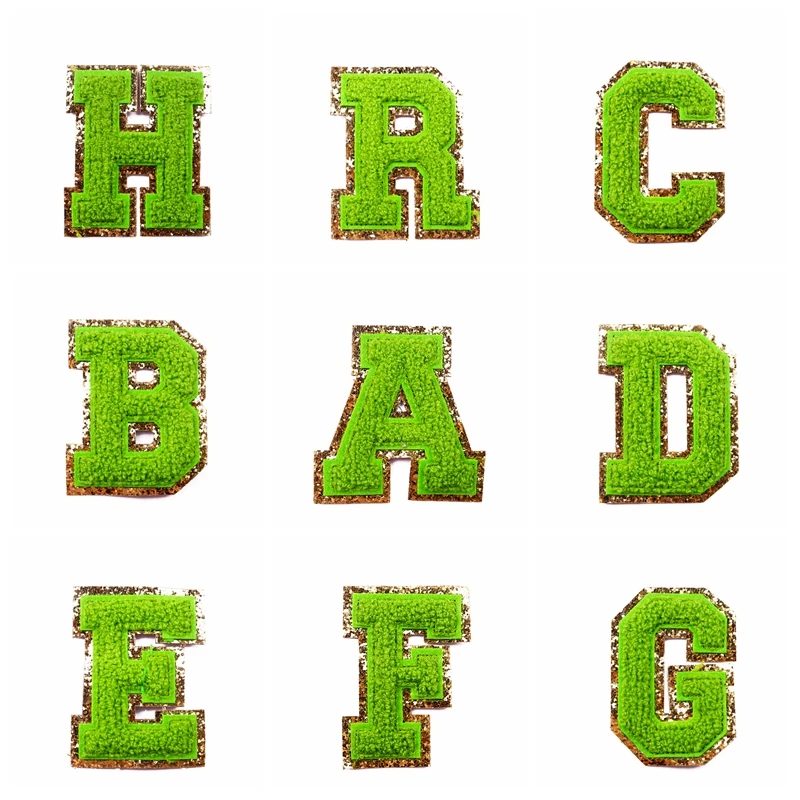 

Green Towel Embroidery Patches For Clothing DIY Name Badge Letter Patch Iron On Patches On Clothes Sequins Patch Applique Decor