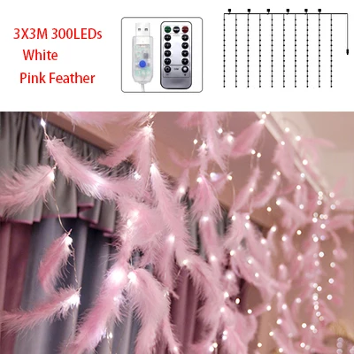 Pink feather White Сказочная светодиодная гирлянда-штора, гирлянда, гирлянда, 3x3 м, Рождественский декоративный светодиодный гирлянда, рождественские вечерние, для сада, свадьбы, спальни, INS, перья, свет - Испускаемый цвет: Pink feather White