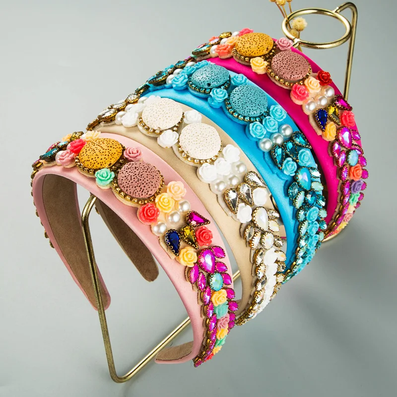 

2021 Summer Women Headband Candy Color Fashion Crystal Wide Rhinestone Colorful Baroque Retro Headband