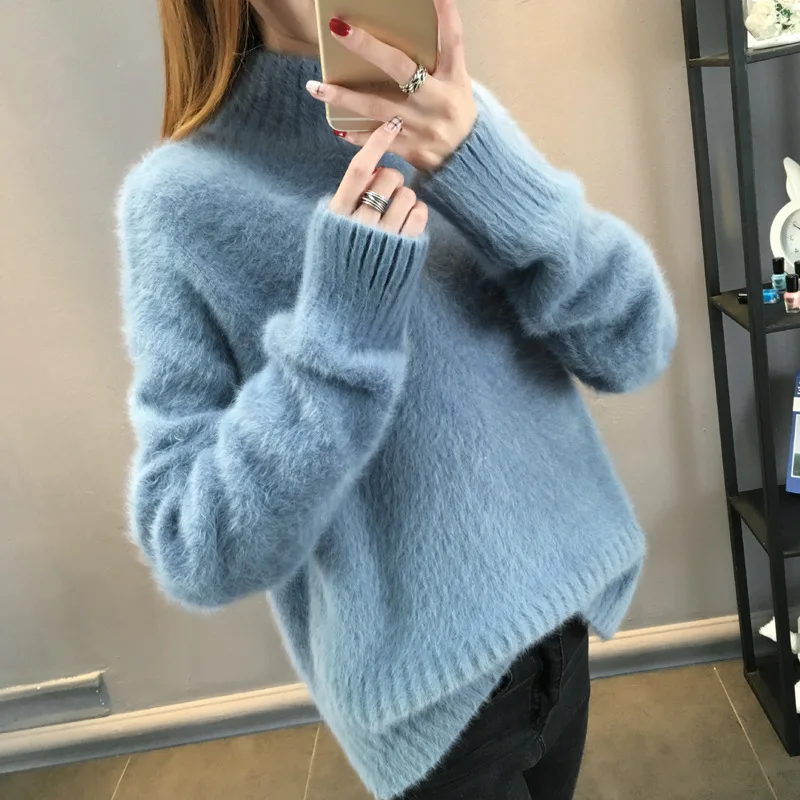 Женский пуловер повседневный однотонный мохер с круглым вырезом Модные осенние