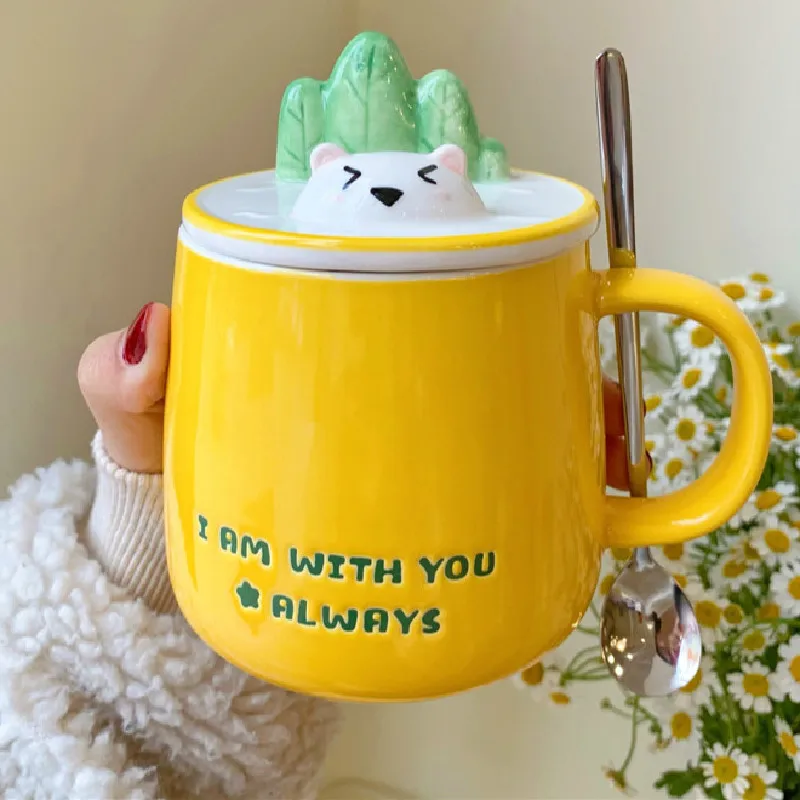 

Милая мультяшная кружка для завтрака для девочек, керамическая чашка для молока и сока, персонализированная чашка с крышкой, ложкой, соломе...