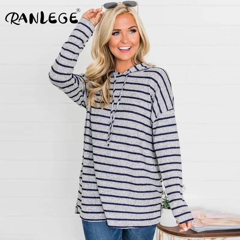 RANLEGE полосатые осенние толстовки с капюшоном длинным рукавом и летучая мышь