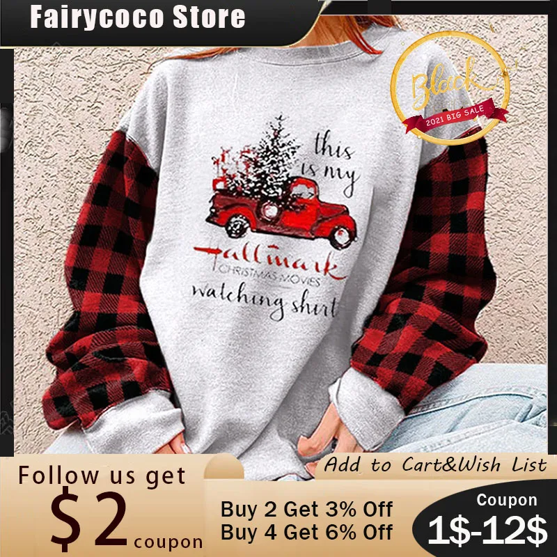 

Christmas Listing Fashion Women Hoodie Casual Festival Car Printing Patchwork Long Sleeve Round Thick Autumn Winter Lady Hoodie