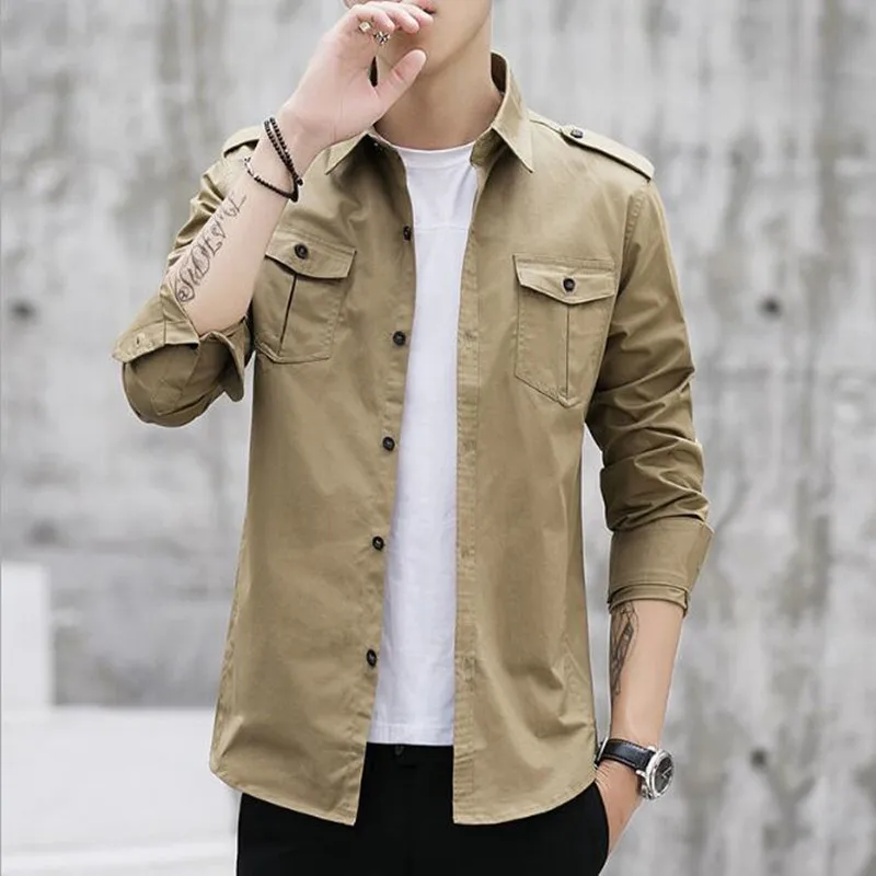 Мужская рубашка в стиле милитари мужская приталенная с длинным рукавом camisa masculina