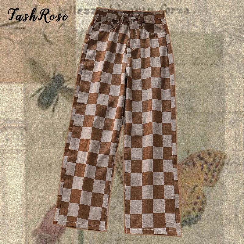 

Модные Винтажные мешковатые джинсы в клетку в стиле 90-х годов, джинсы с высокой талией, коричневые городские прямые штаны фигуристки в шахма...