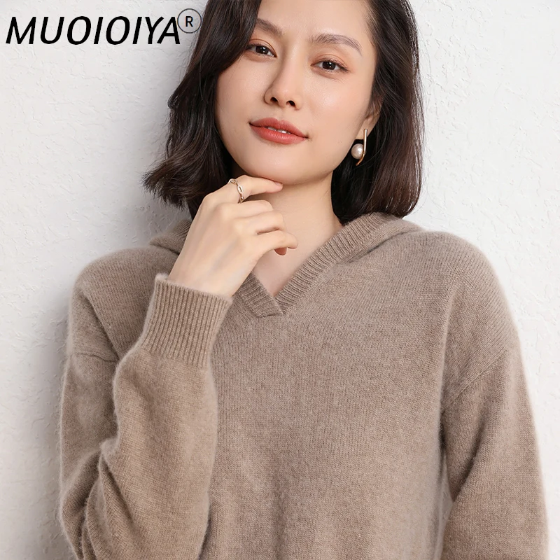 

Hot Sale 2022 Autumn Winter 100% Cashmere Sweater Knitted Hooded Women's High Quality Soft Female Loose Thickened Warm Jumper