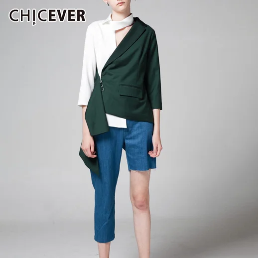 

CHICEVER Patchwork Asymmetrical Blazers For Women Notched Three Quarter Sleeve Hit Color Green Clothes 2022 Spring Fashion New