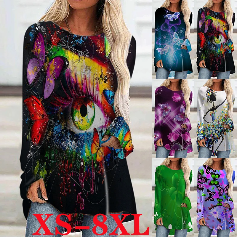 

New Women's Blouses Printed Shirt Cotton Long Sleeve Top Fashion Plus Size Xs-8xl Long Sleeve T-shirt Casual Loose Shirt