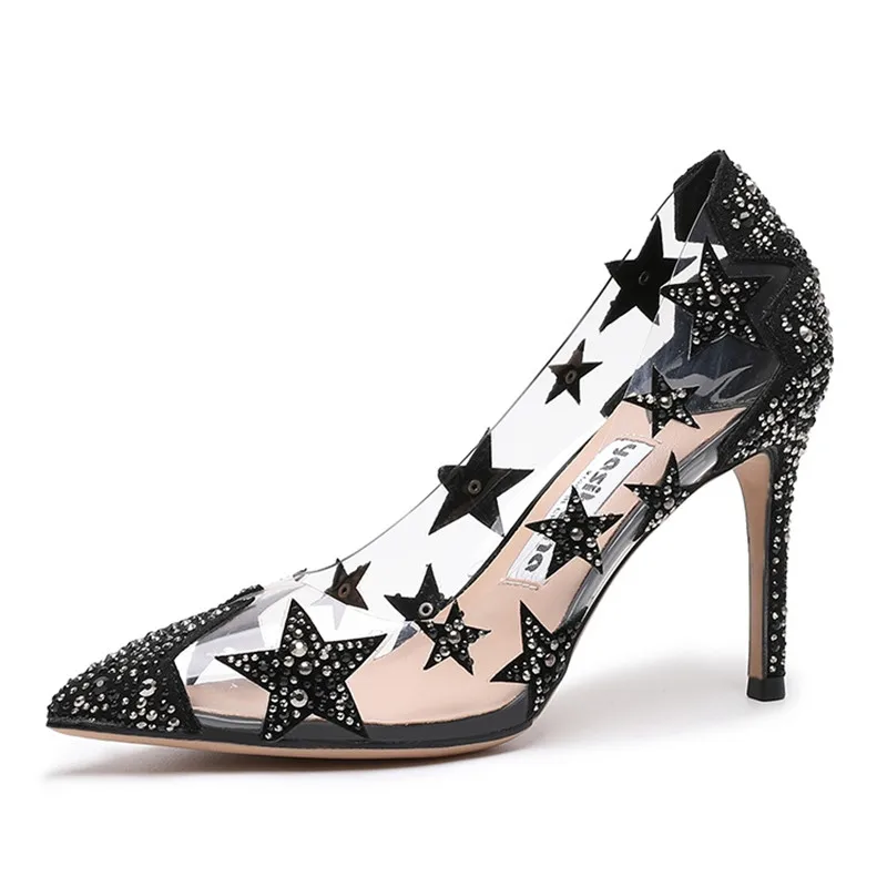 

Transparent high heel women's stiletto pointed wedding shoes rhinestone glass glue, star shoes