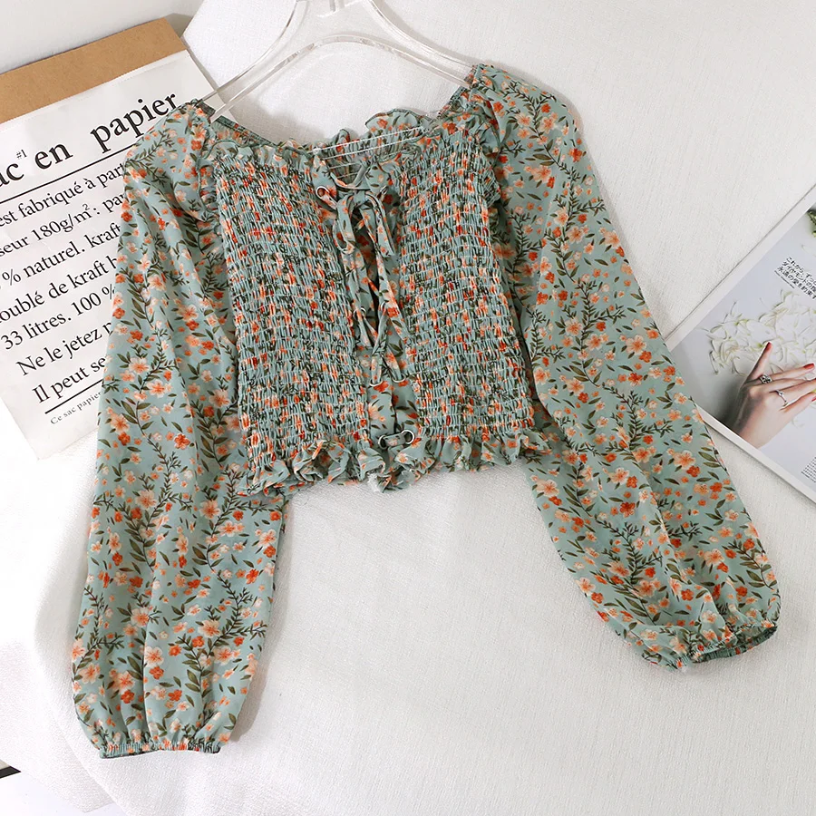 Женская шифоновая блузка с цветочным принтом винтажная плиссированная короткая