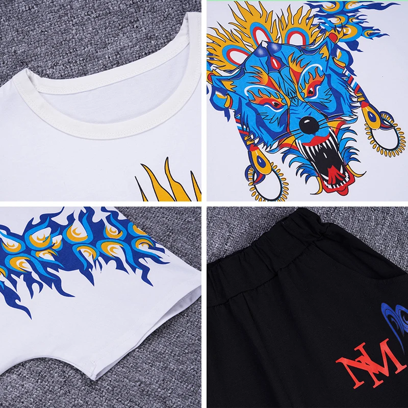 2019 Casual boy tracksuit Dragon printing tshirt+harem pant Fashion teenager Boy Clothes Cool Kids Hip Hop Clothing Sports Suit | Детская