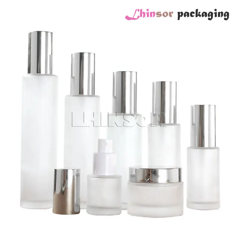 

5pcs/lot Silver Cover Frosted Glass Press Pump Spray Bottle Lotion Bottles Cream Jars Empty Cosmetic Packing Containers