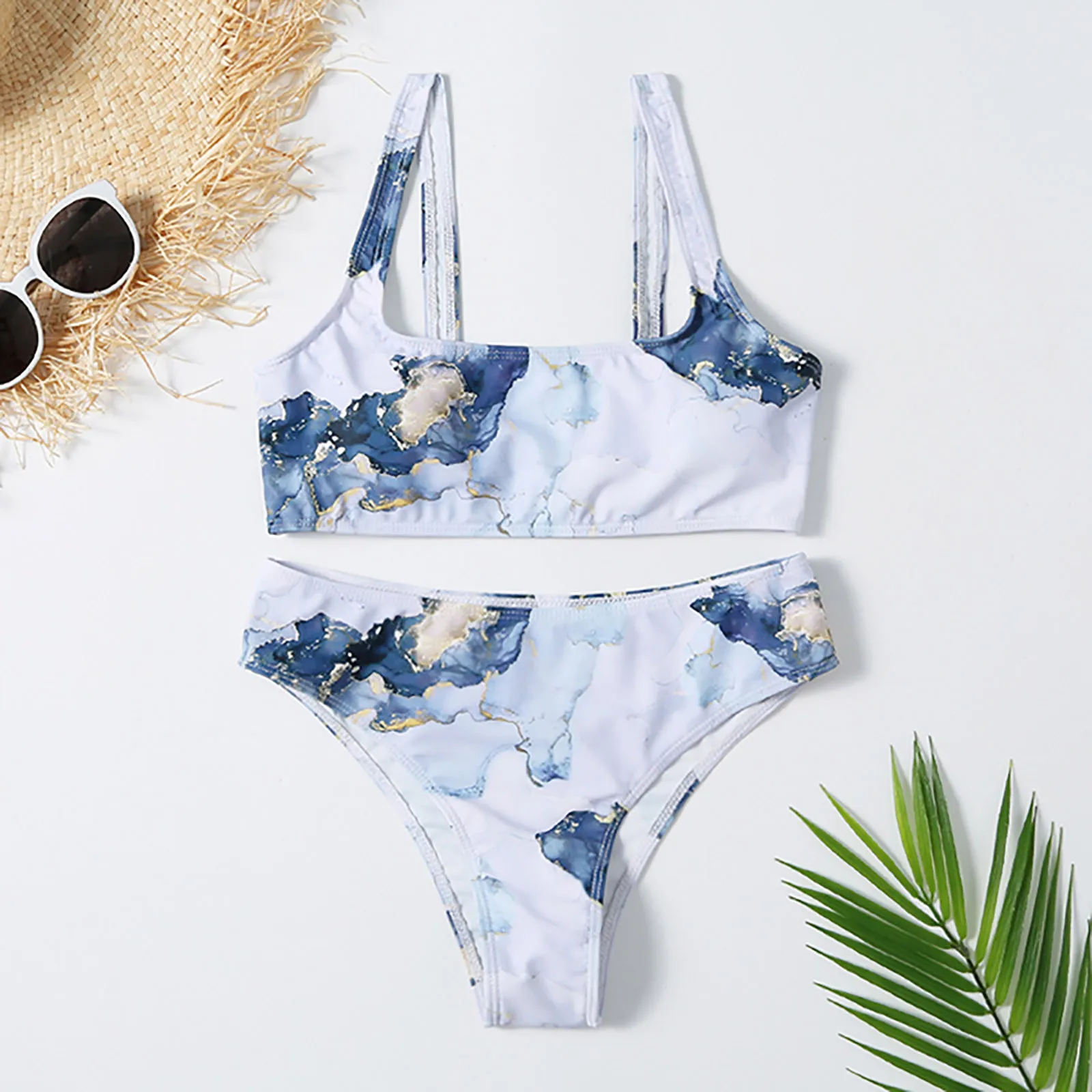 

Women's Sexy High Waist Swimwear Bikini Mujer 2021 Set Contrast Gradient Split Two Piece Swimsuit Push Up Summer Bathing Suit