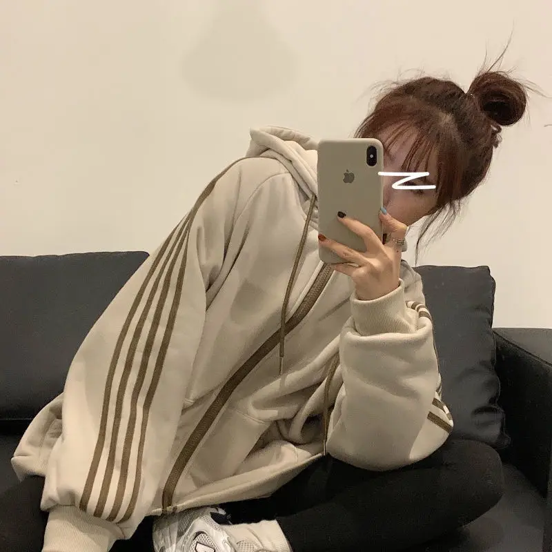 

Ulzzang Preppy Style Loose Striped Hooded Sweatshirt Women Streetwear Spring and Autumn Simple Plus Size Thick Zipper Hoodie