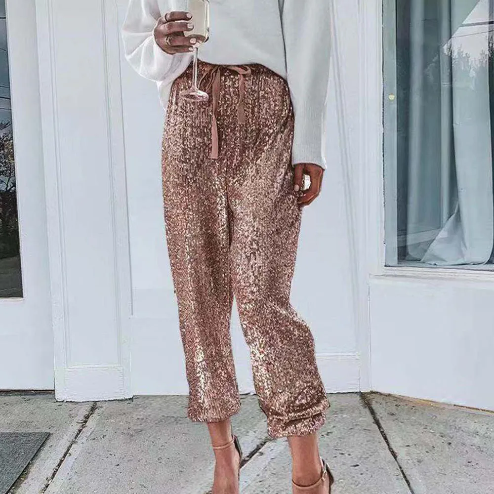 

Rose Gold Sequin Pants Women Drawstring High Waist Pants Streetwear Glitter Sparkly Club Party Ladies Trousers Pantalon Femme