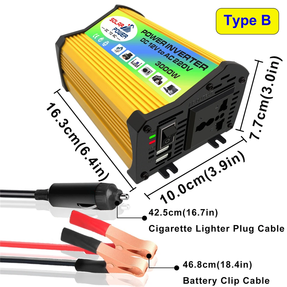 

3000W Car Power Inverter Solar Converter Adapter Dual USB LED Display 12V to 220V/110V Voltage Transformer Modified Sine Wave
