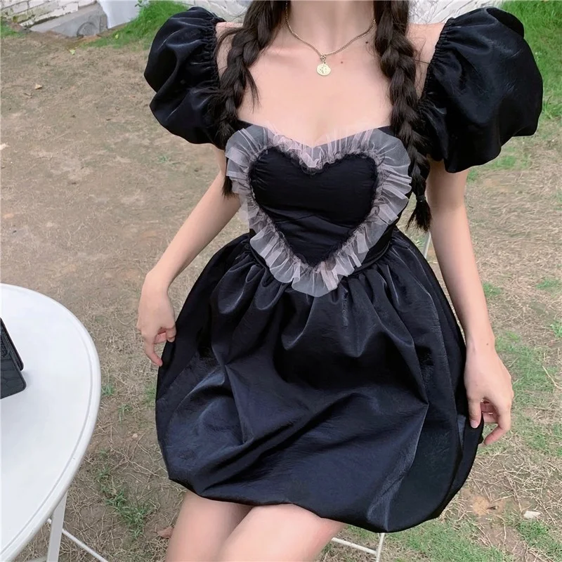 

Women Dresses Summer 2020 Puff Short Sleeve Square Collar Mesh Love Harajuku Plus Size Korean A Line Mini Dress Black Vestidos