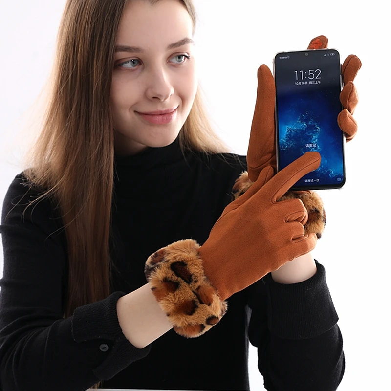 2019 Winter Gloves Women Leopard Rabbit hair suede leather Mittens Warm Soft Female Touch Screen | Аксессуары для одежды