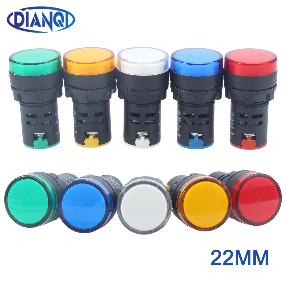 

1 шт., 12 В, 24 В, 220 В, 380 В, 22 мм, пластиковый светодиодный индикатор мощности, контрольная сигнальная лампа, красный, зеленый, синий, белый, желтый, янтарный